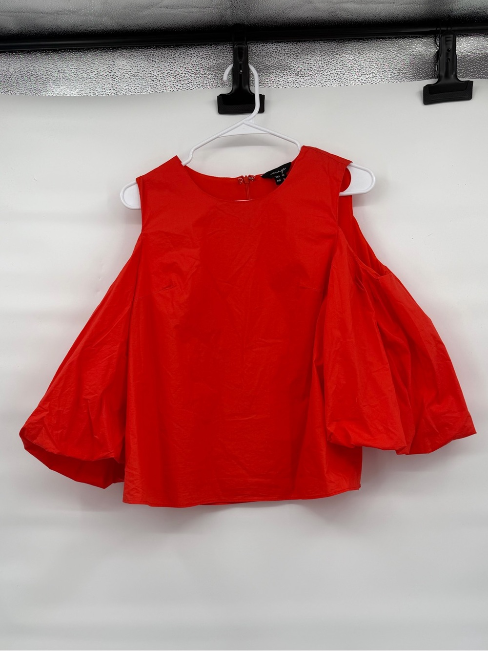 Map cotton candy red cold shoulder balloon sleeve blouse